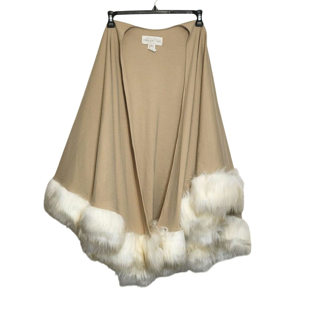 Donna Salyers Fabulous Furs Faux Fur Trim Knit Poncho Cape Tan White OS - Picture 7 of 10